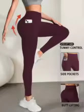 High-Waisted Tummy Control Leggings with Pockets - Burgundy
